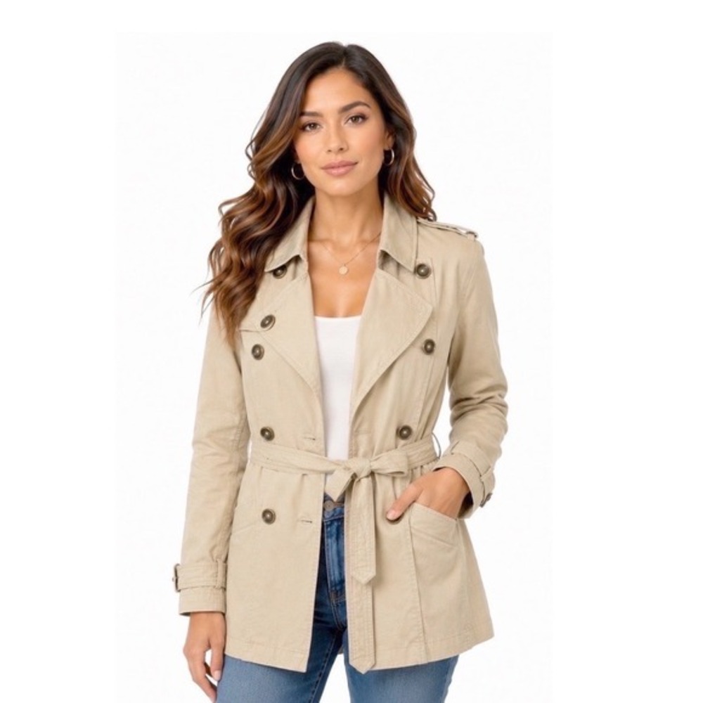 Old Navy Khaki Tan Cotton Double Breasted Trench Coat Jacket L Preppy Chic 59-17
